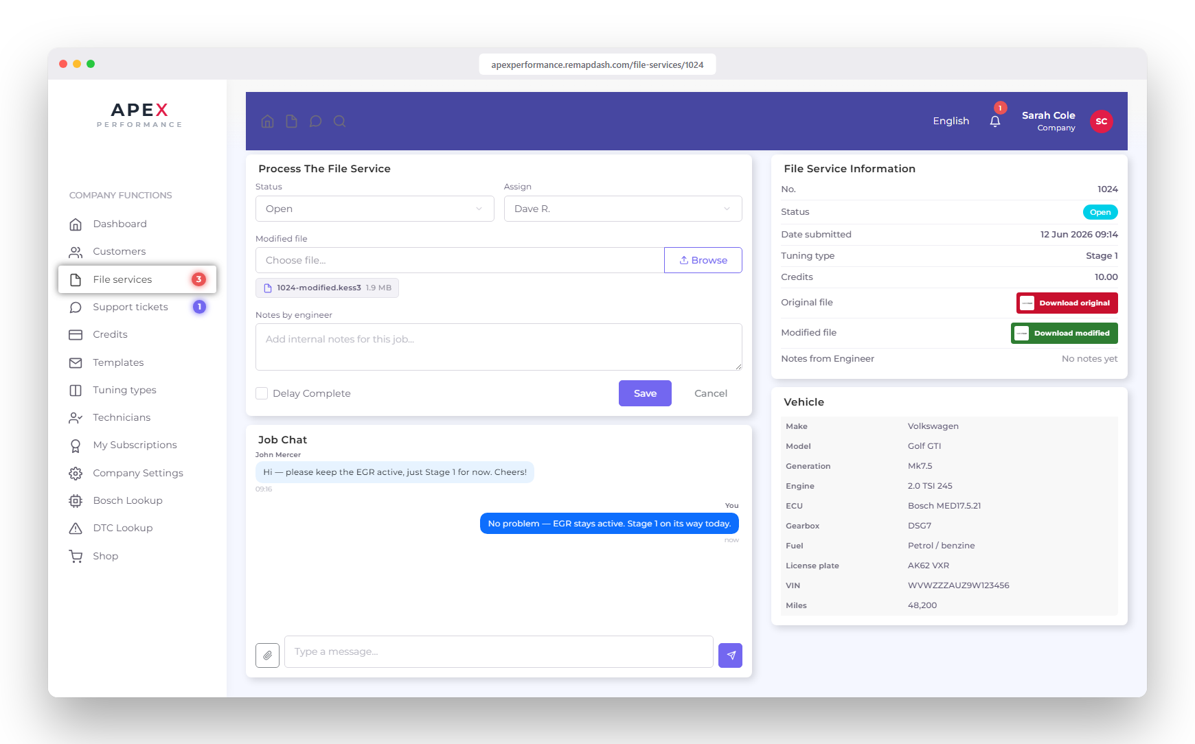 Tuning job detail screen with per-file chat, downloads and invoice