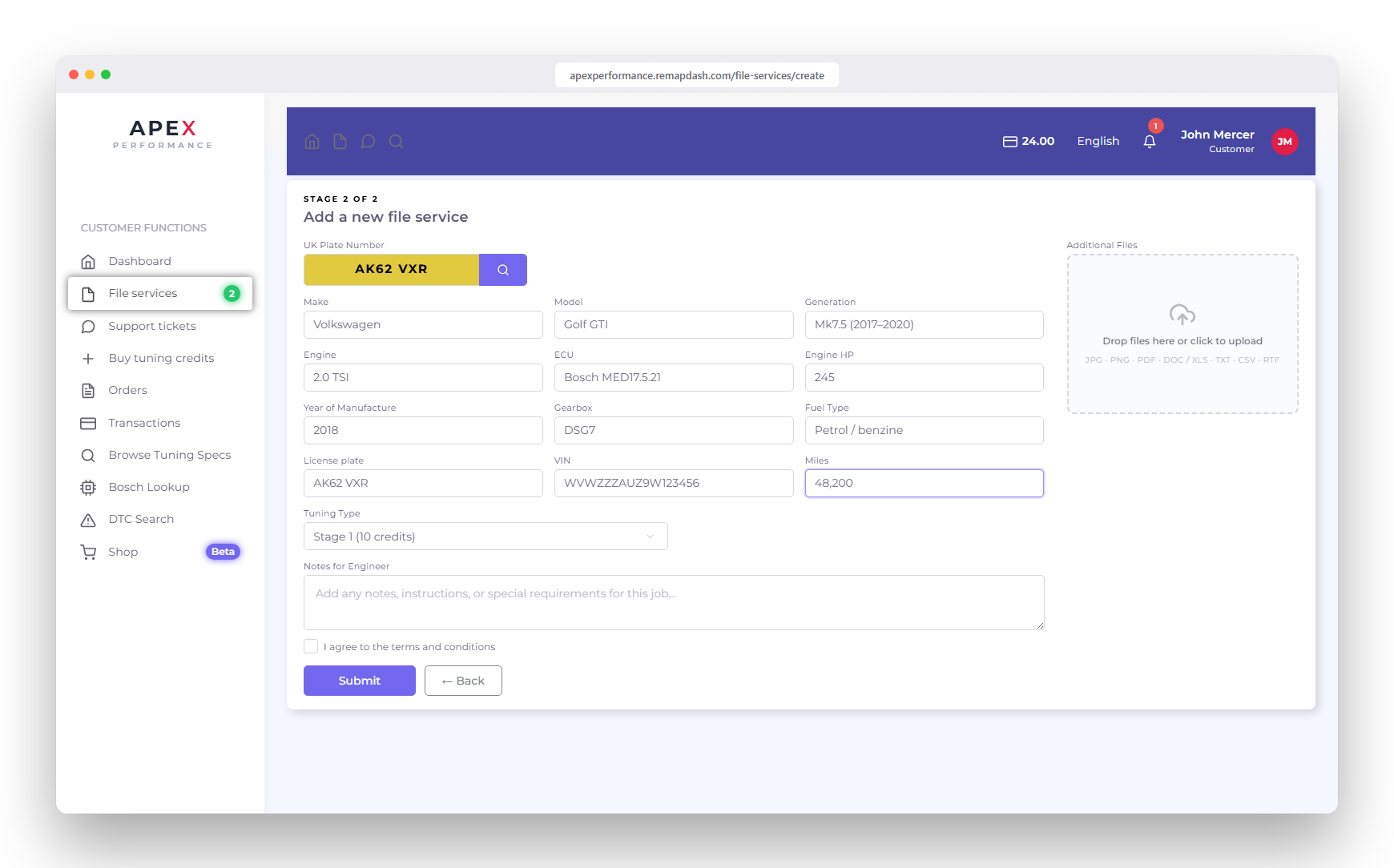 Customer submitting a tuning file with UK reg-plate lookup auto-filling vehicle details